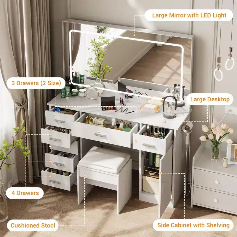 Modern Vanity Desk with Large Mirror, 7 Drawers, LED Lights, Chair, 3 Light Modes, Hair Dryer Holder and Charging Station for Bedroom