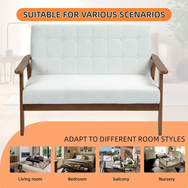 HOMEFUN Mid-Century Linen/PU Upholstered Wood Frame Tufted Loveseat Sofa