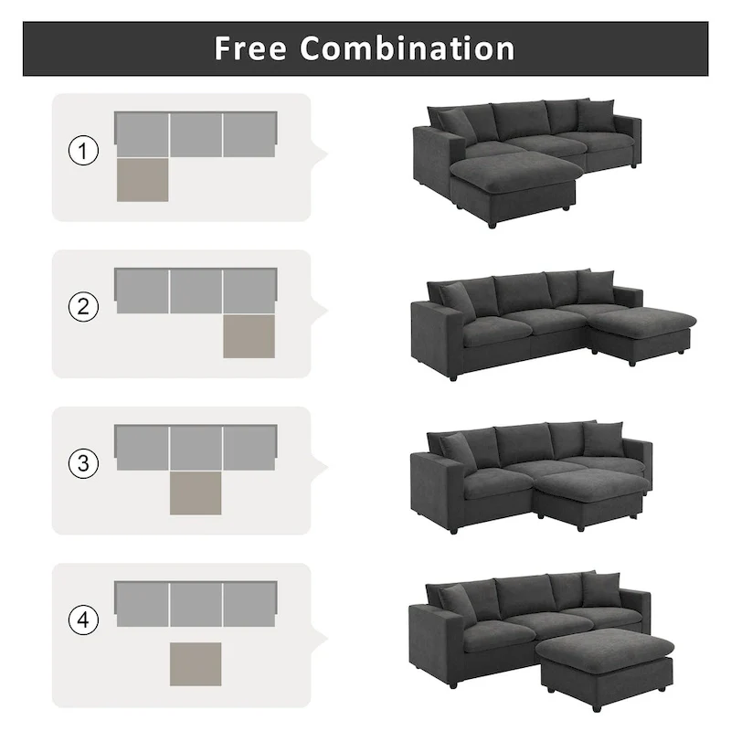 Modern 4-Seat L-Shaped Sectional Sofa, with 2 Free pillows, Convertible Ottoman