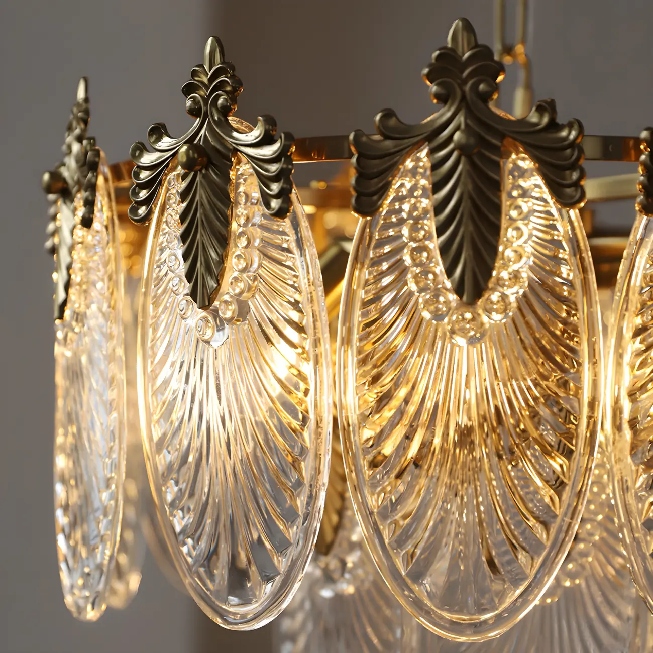 Elegant Brass Ribbed Glass Tiered Chandelier