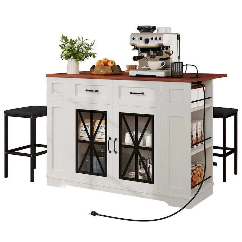 Moasis 47 Kitchen Island With Drop Leaf & 2 Bar Stools