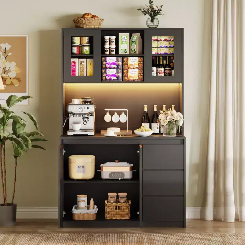 COZONY 71 Tall Kitchen Storage Hutch with LED Lights & Charging Station, Adjustable Corner Pantry Cabinet with Microwave Shelf for Optimal