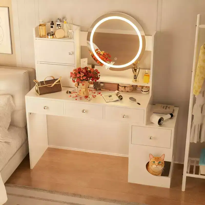 TYBOATLE Modern Makeup Vanity with Lights and Charging Station, Small Vanity Desk with Cat Hole and Multi-Tier Storage Shelves, White