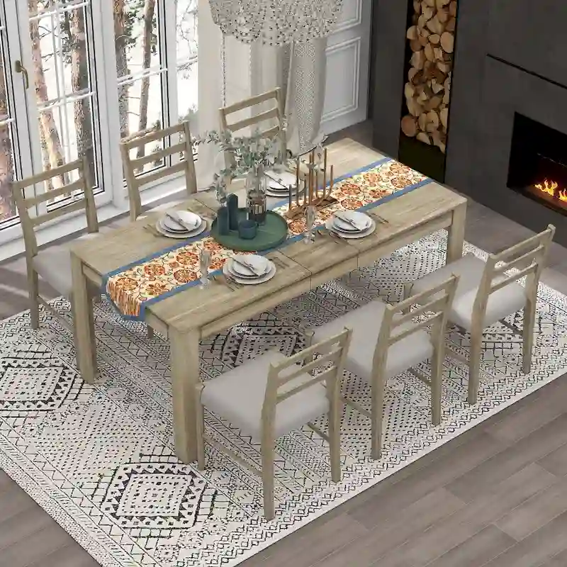 Natural Wood Wash / Brown+White, 7-Piece Extendable Dining Set, Seats up to 8