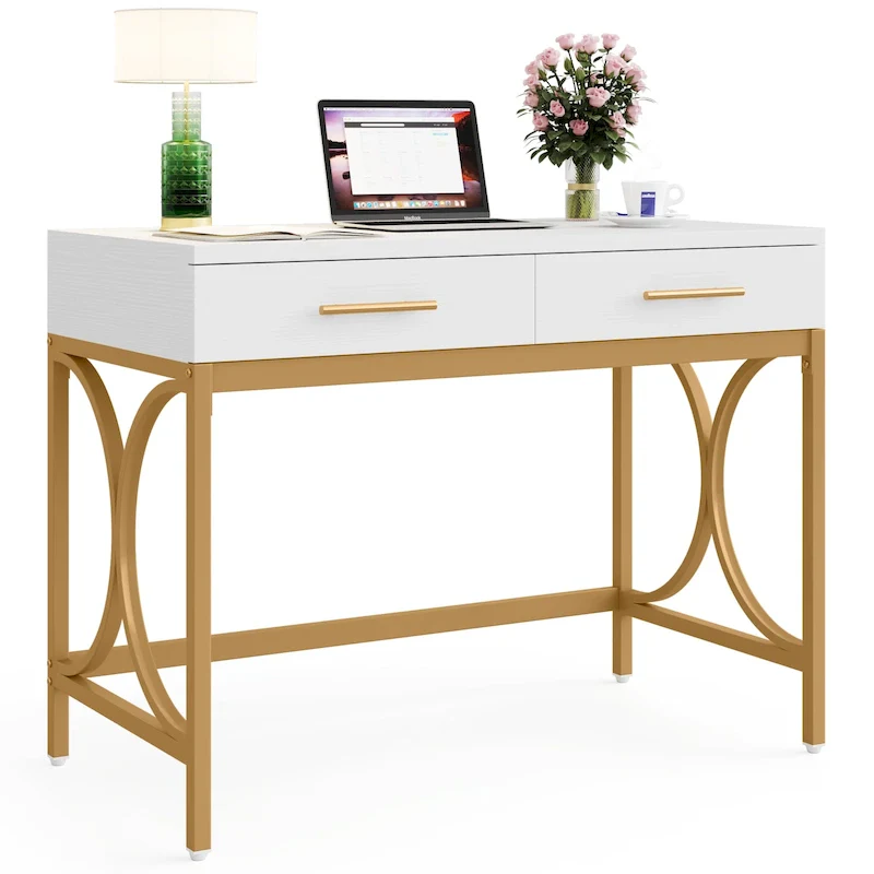 Modern Computer Writing Desk with 2 Drawers, White and Gold Home Office Desk, Makeup Vanity Table