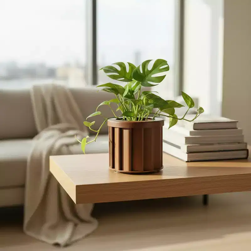 Modern Dark Brown Small Round Aluminum Planter for Indoor Outdoor Use, Textured Flower Pot with Drainage and Durable Finish