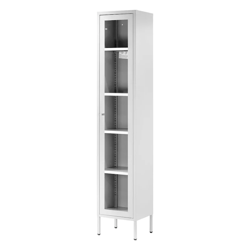 71-Inch Tall Storage Cabinet, Acrylic Clear Door, Adjustable Metal Shelves, Steel Frame, White, 1-Person Use