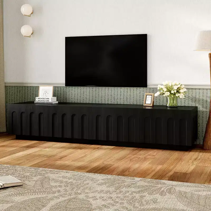 Whisen 80 TV Stand with Arched Design, Modern Dual Purpose Coffee Table with 4 Drawers, Multi-Functional Storage Cabinet