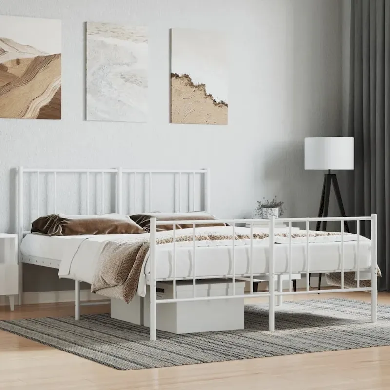 White Steel Bed Frame with Headboard, Queen, 1-Person