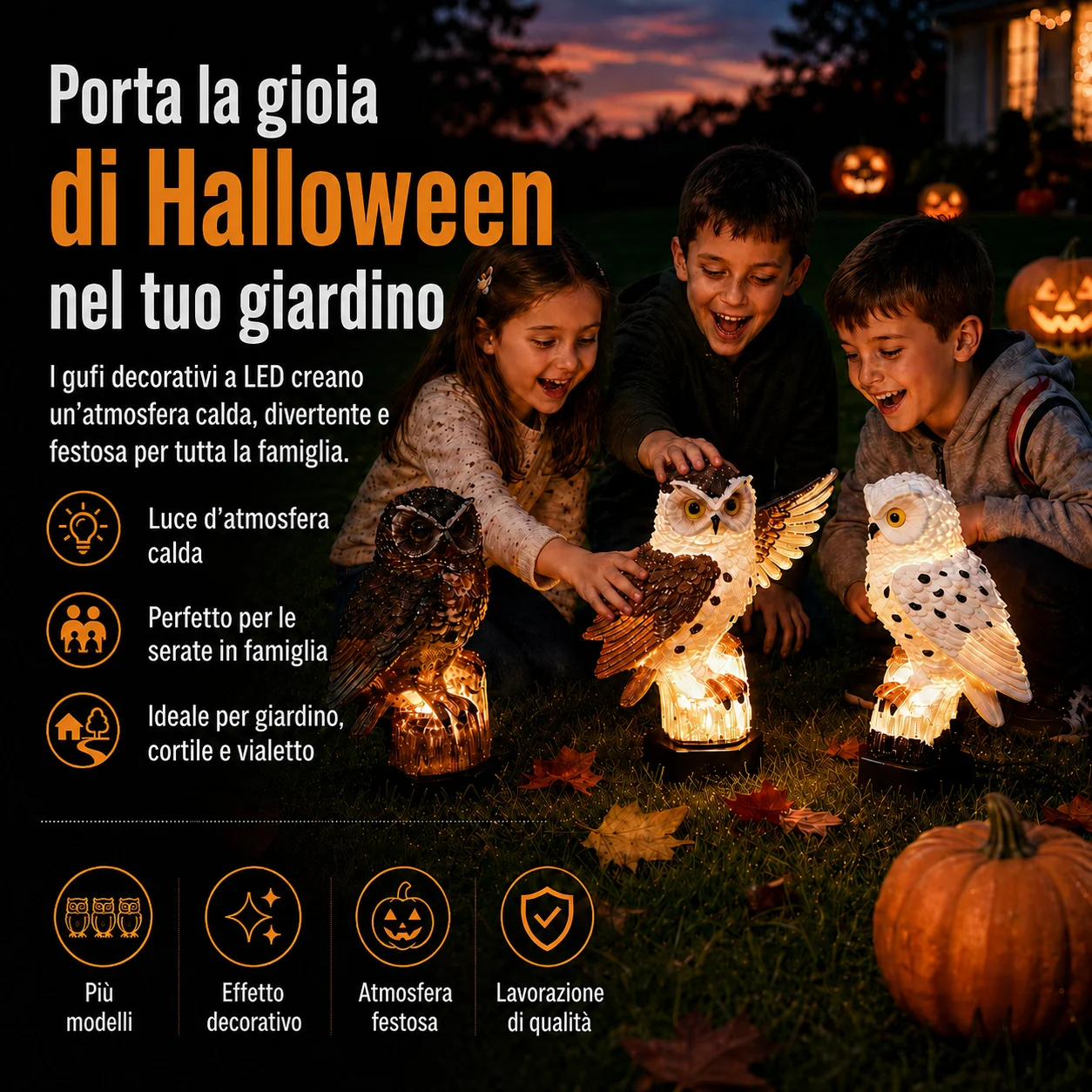 Lampada solare LED impermeabile a forma di gufo da piantare nel terreno – decorazione da giardino animata per Halloween