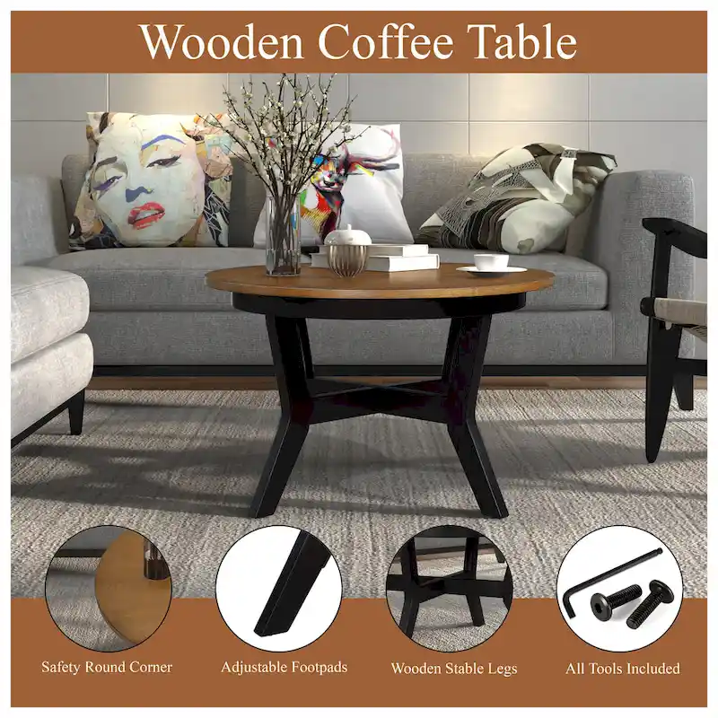 Farmhouse Wood Round Coffee Table with 4 Soild Wood Legs