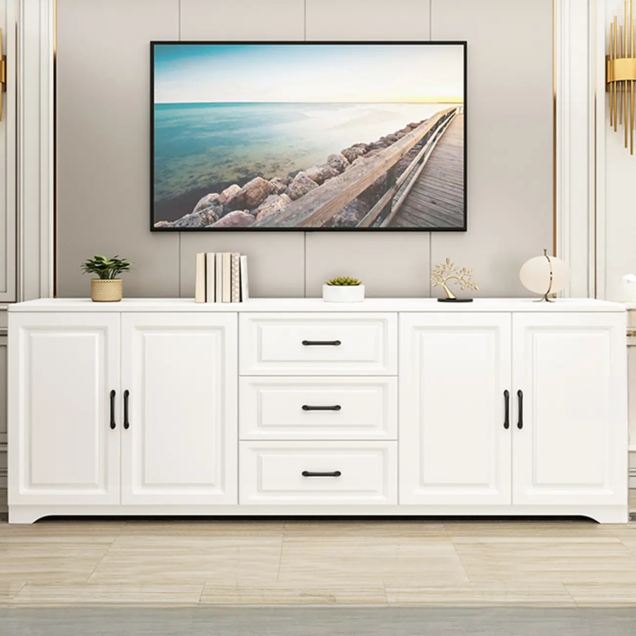 Modern Rectangular White 3-Drawer Wooden TV Stand