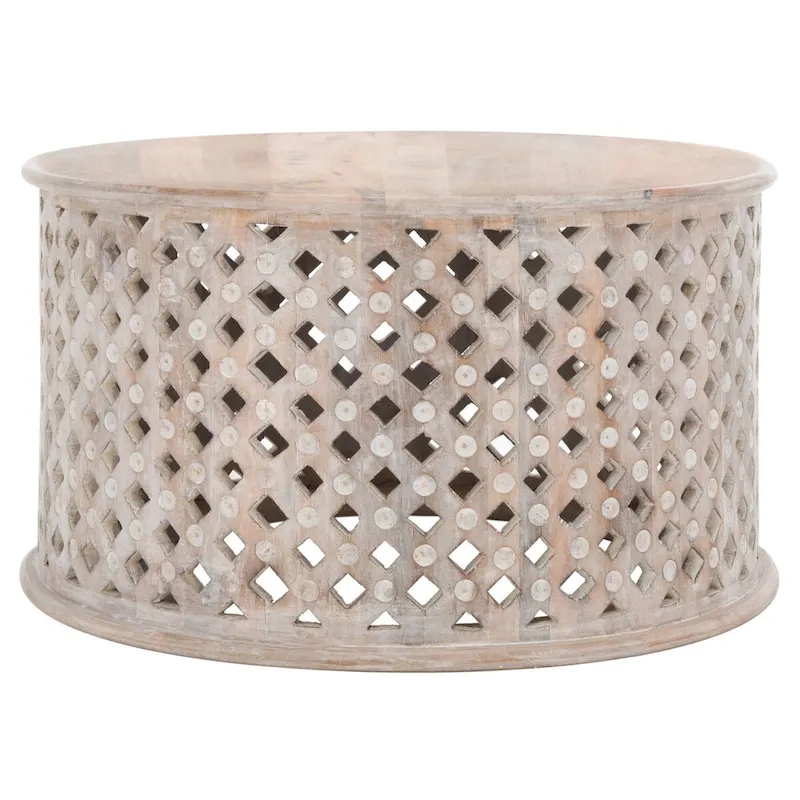 Round Mango Wood Coffee Table with Lattice Base