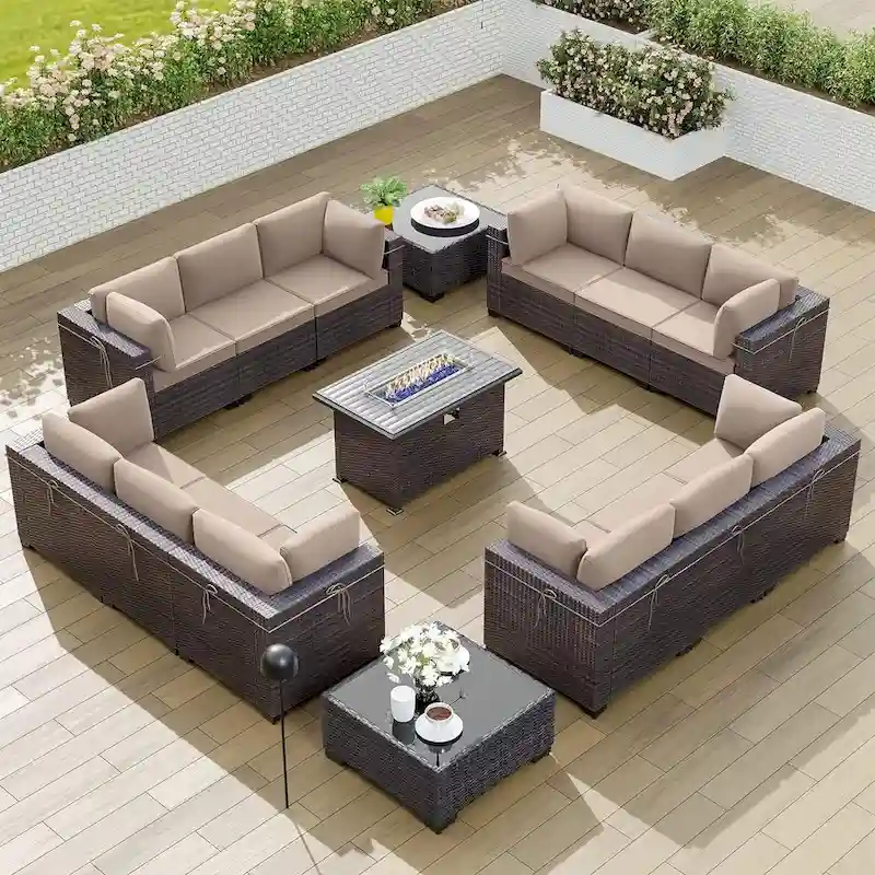 Kullavik 15PCS Outdoor Patio Furniture Set with Fire Pit Table & Glass Top Coffee Table