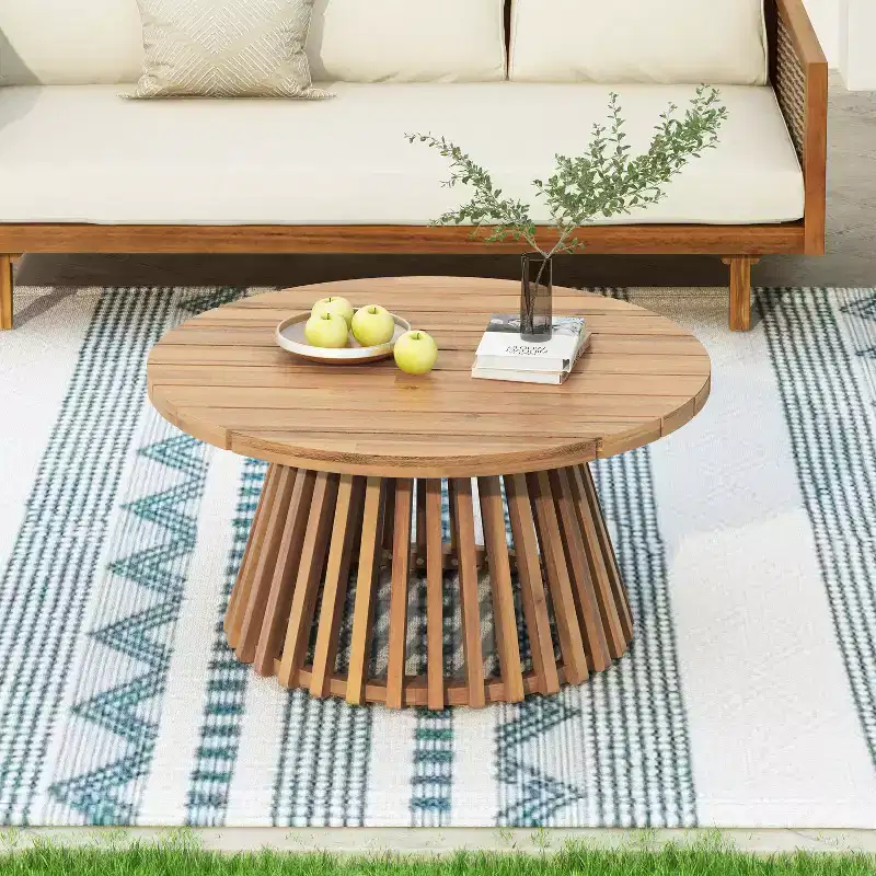 JVNOXK Acacia Wood Round Patio Coffee Table, Outdoor Wooden Accent Table with Unique Striped Base