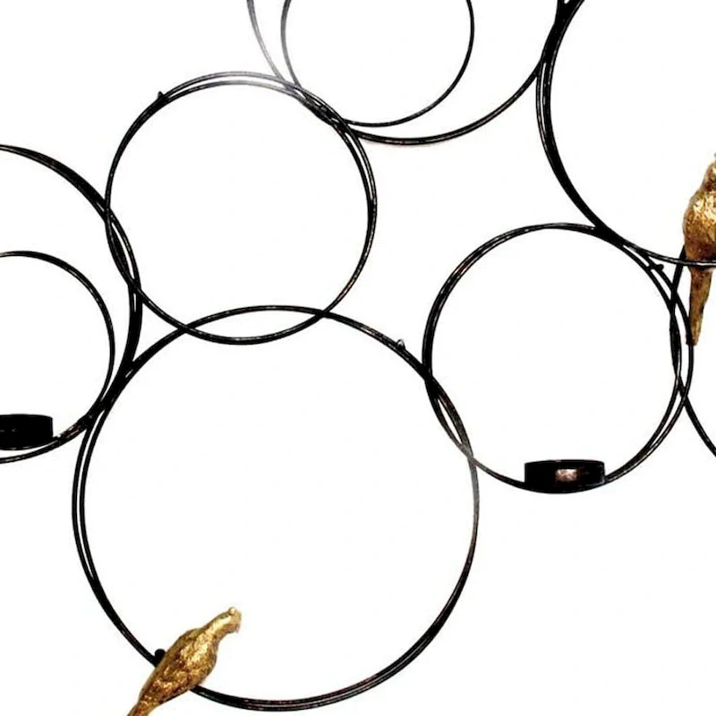 HomeRoots 32  Black And Gold Metal Circles And Birds Hanging Sculpture With Votive Holders