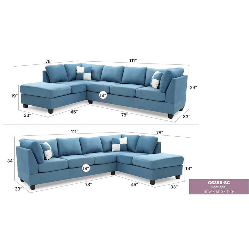 Malone 111 in. Suede 4-Seater Sectional Sofa with 2-Throw Pillow - 111 L x 78 W x 34 H