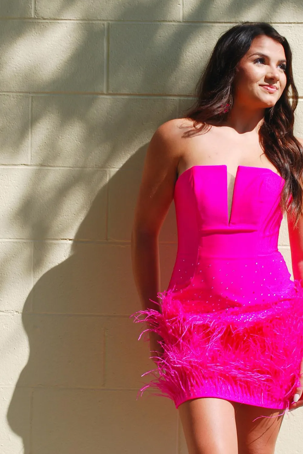 Fuchsia Strapless Bodycon Homecoming Dress with Feather