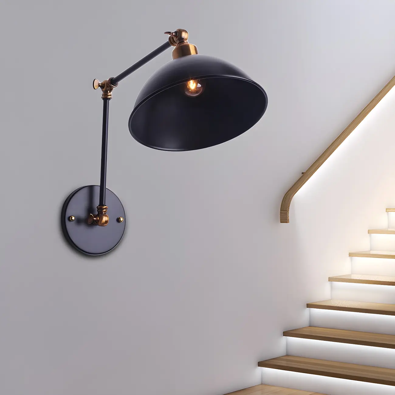 Industrial Black Metal Swing Arm Wall Sconce for Stairway