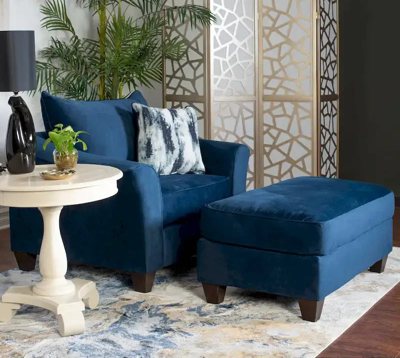 Navy Blue Fabric Chair and Ottoman Set with Pillow