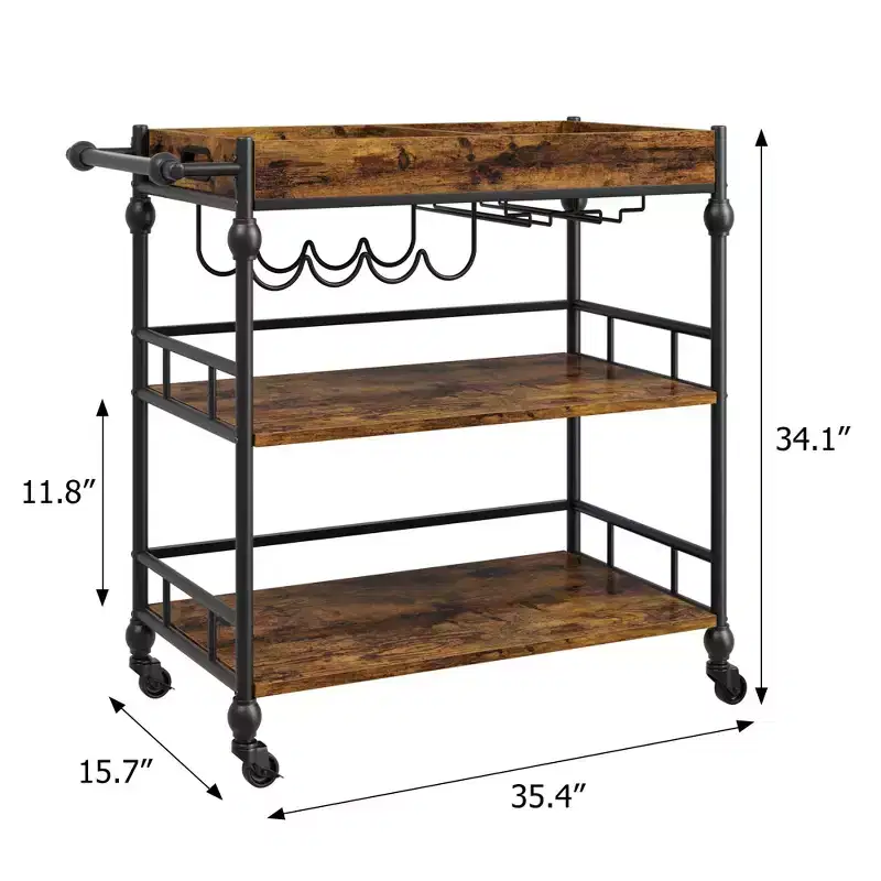 3-Tier Metal Bar Cart with Wheels, Wine Rack & Removable Tray, Rolling Serving Cart for Dining Room & Kitchen