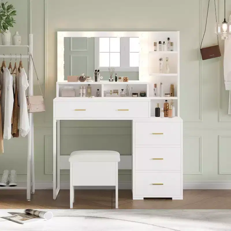 Vanity Desk with 9 LED Mirror & Drawers, 4 Large Drawers and 3 Tiers of Open Shelves for Bedroom, White