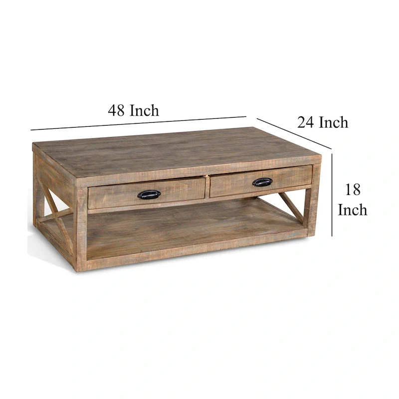 Cocktail Table, 2 Drawers, Shelf, 48 Inch Rectangular Light Brown