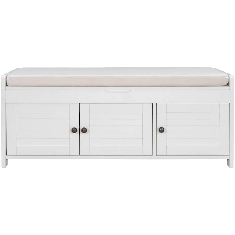 Storage Bench with 3 Shutter-shaped Doors, Removable Cushion and Hidden Storage Space - 43.5L x 16W x 18H