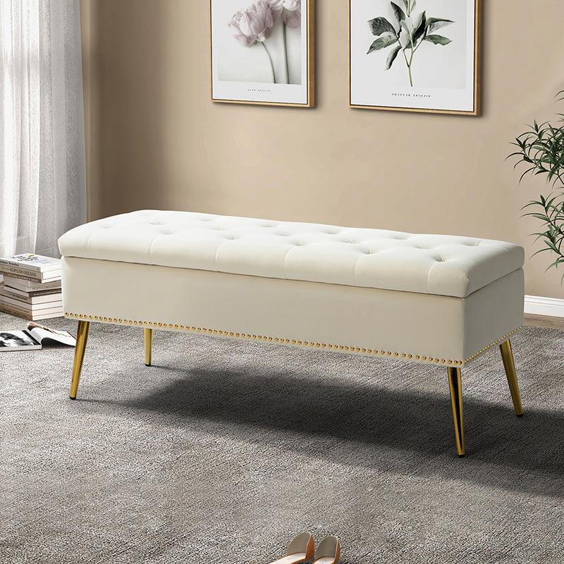 Velvet Button-Tufted Storage Bench with Nailhead Trim, Foam Seat & Gold Splayed Metal Legs | Ivory / Mustard / Tan / Fuchsia / Black / Navy / Grey / Orange / Sage / Green / Teal | Single