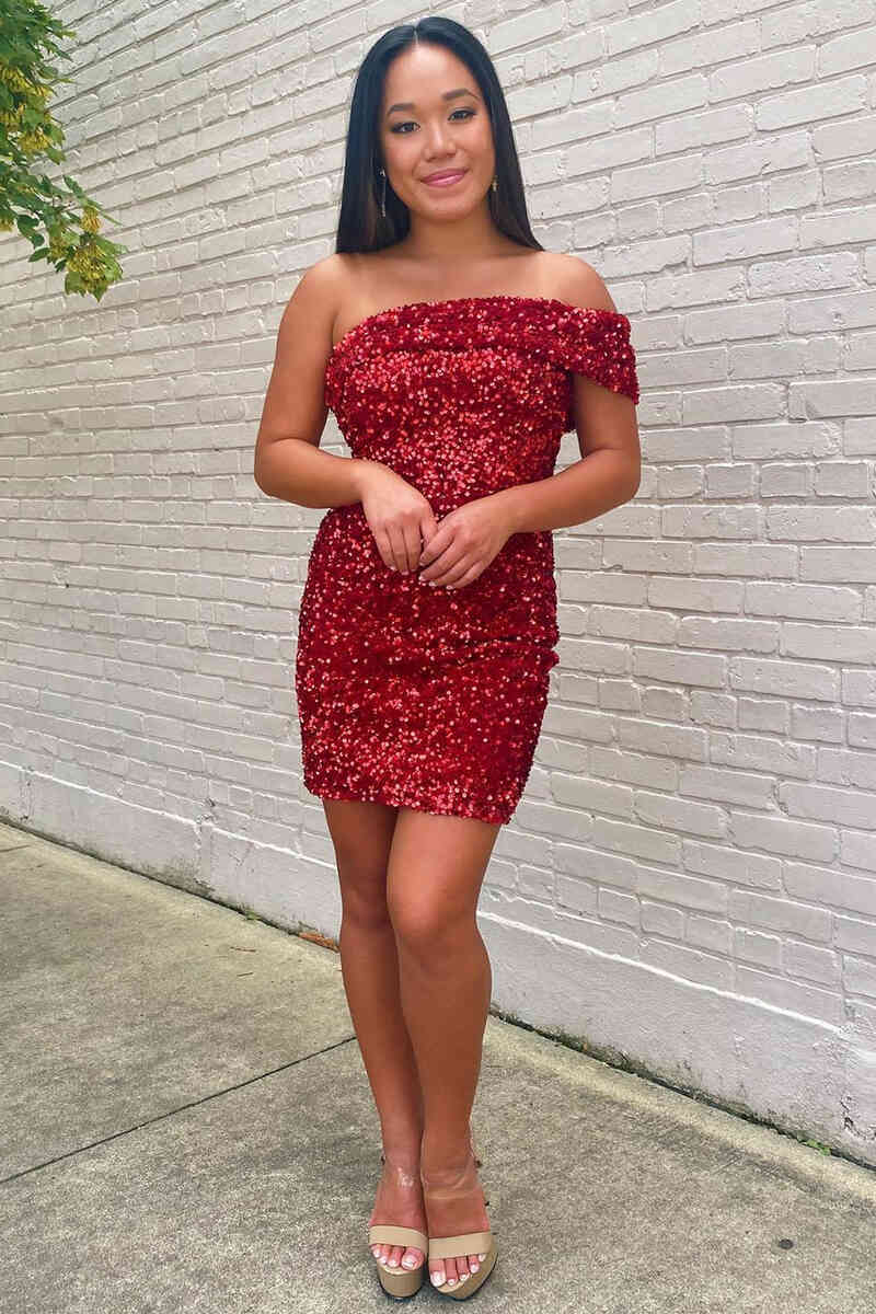One Shoulder Burgundy Sequins Bodycon Mini Party Dresses