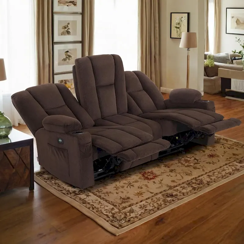 Electric Power Reclining Sofa with Massage and Lumbar Heat, Fabric