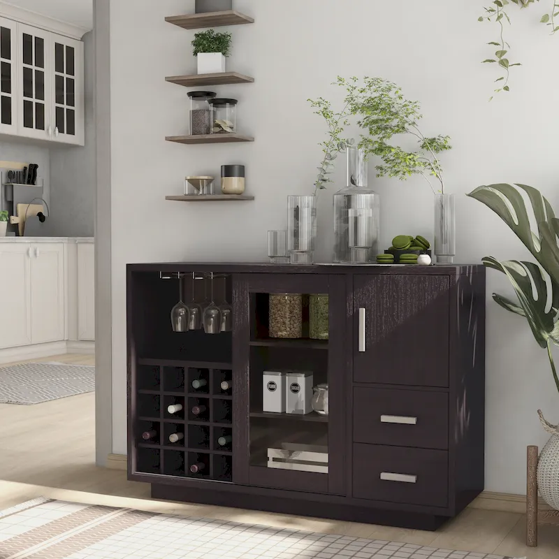 Modern Wooden Dining Buffet with Wine Rack, 16-Bottle Storage, 2 Drawers, Sliding Door, Cappuccino Finish, 47.25