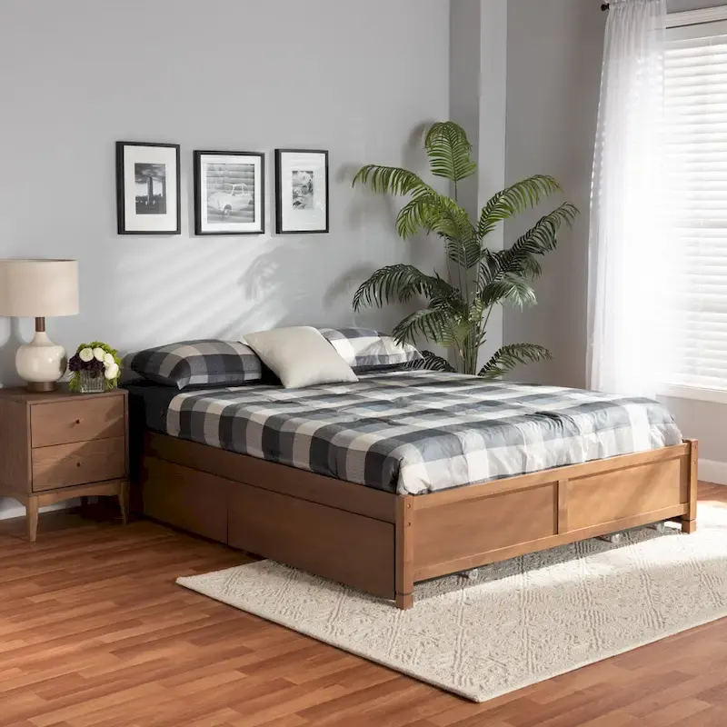 Walnut Brown Platform Bed Frame with 4 Storage Drawers