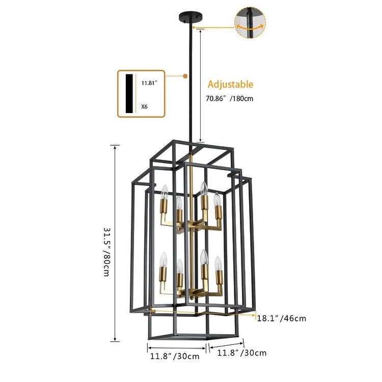 Black 8-Light Industrial Rectangle Iron Frame Pendant