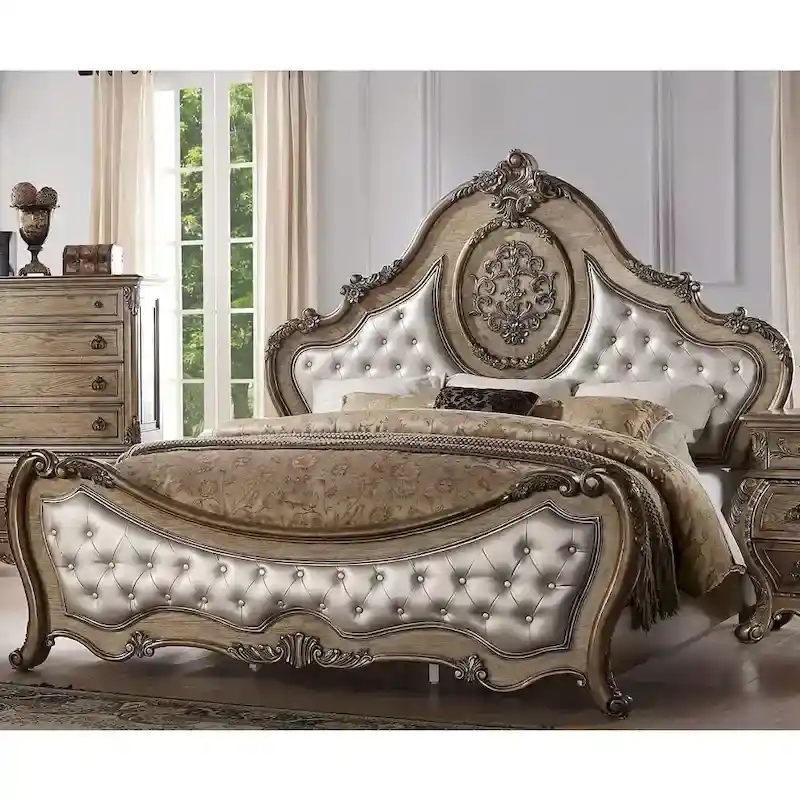 Faux Leather Panel Bed with Arched Headboard and Floral Carved Details