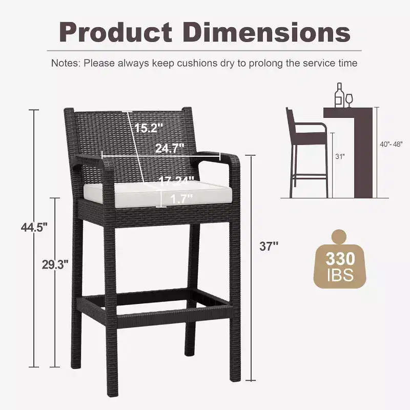 Set of 2 Outdoor Bar Stools, 30 Patio Wicker Bar Chairs with Cushions and Footrest, Bar Height Seating for Backyard, Garden, Poolside, Balcony, Deck