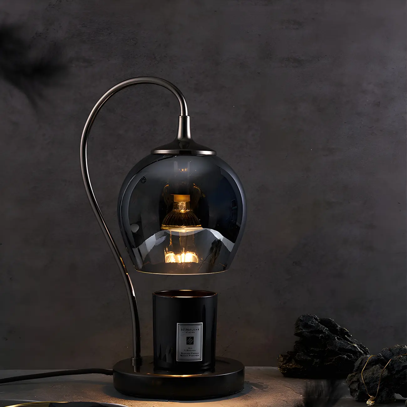 Modern Black Metal Glass Globe Table Lamp with Cup Holder Base
