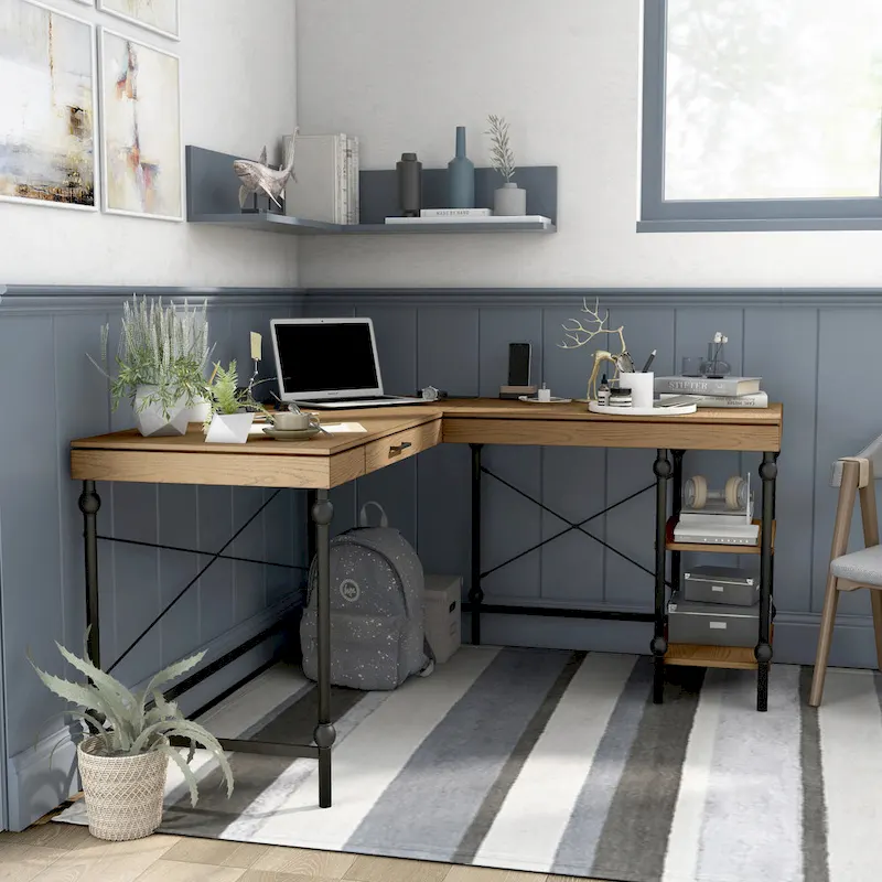 Haley Farmhouse 59-inch Metal L-Shaped Computer Desk with USBs by Furniture of America