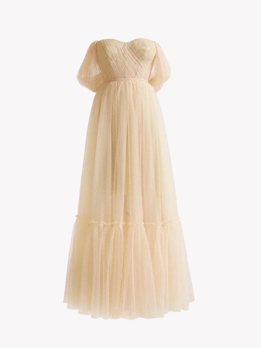 A-Line Champagne Tulle Sweetheart Tea-Length Prom Dress