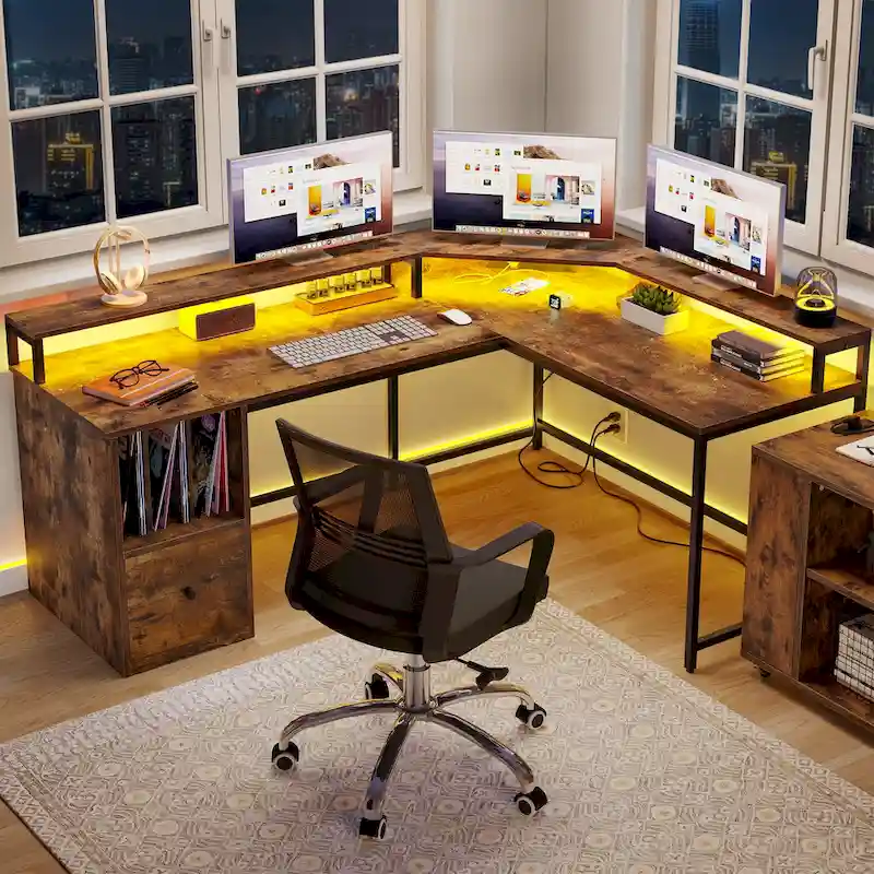 Brown/White/Black/Oak L-Shaped Desk with LED Strip, Monitor Stand & Storage, 1-Person