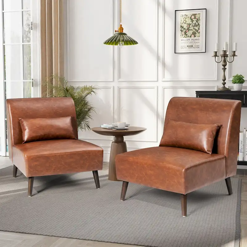 Armless Accent Chair with Pillow — Faux Leather, Wood Frame