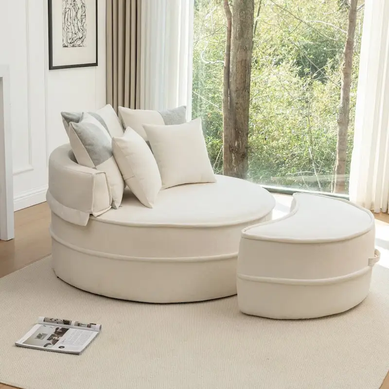 Modern Round Barrel Accent Chair with Ottoman - Velvet Lounge Sofa