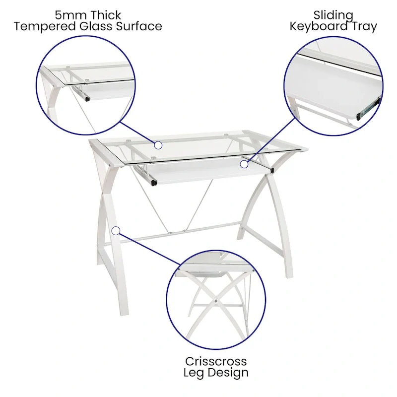 Modern Glass Top Computer Desk with Pull-out Keyboard Tray