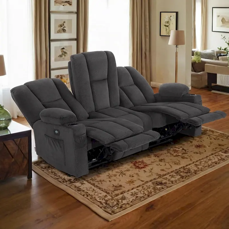 Electric Power Reclining Sofa with Massage and Lumbar Heat, Fabric