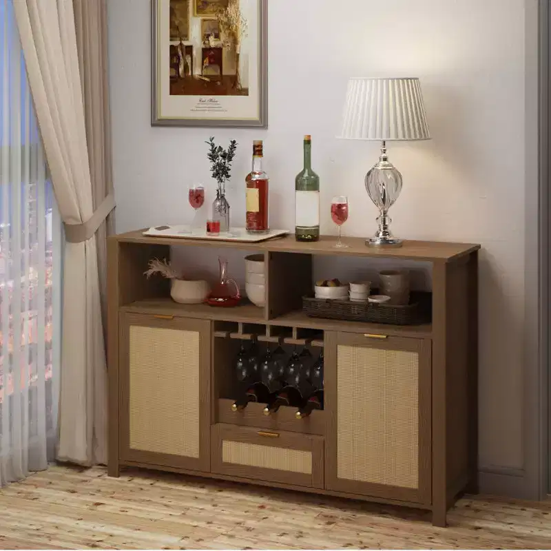 EROMMY Bay Isle Home Bar Cabinet With 2 Rattan Doors, Wine Racks And Drawers For Dining Room And Living Room