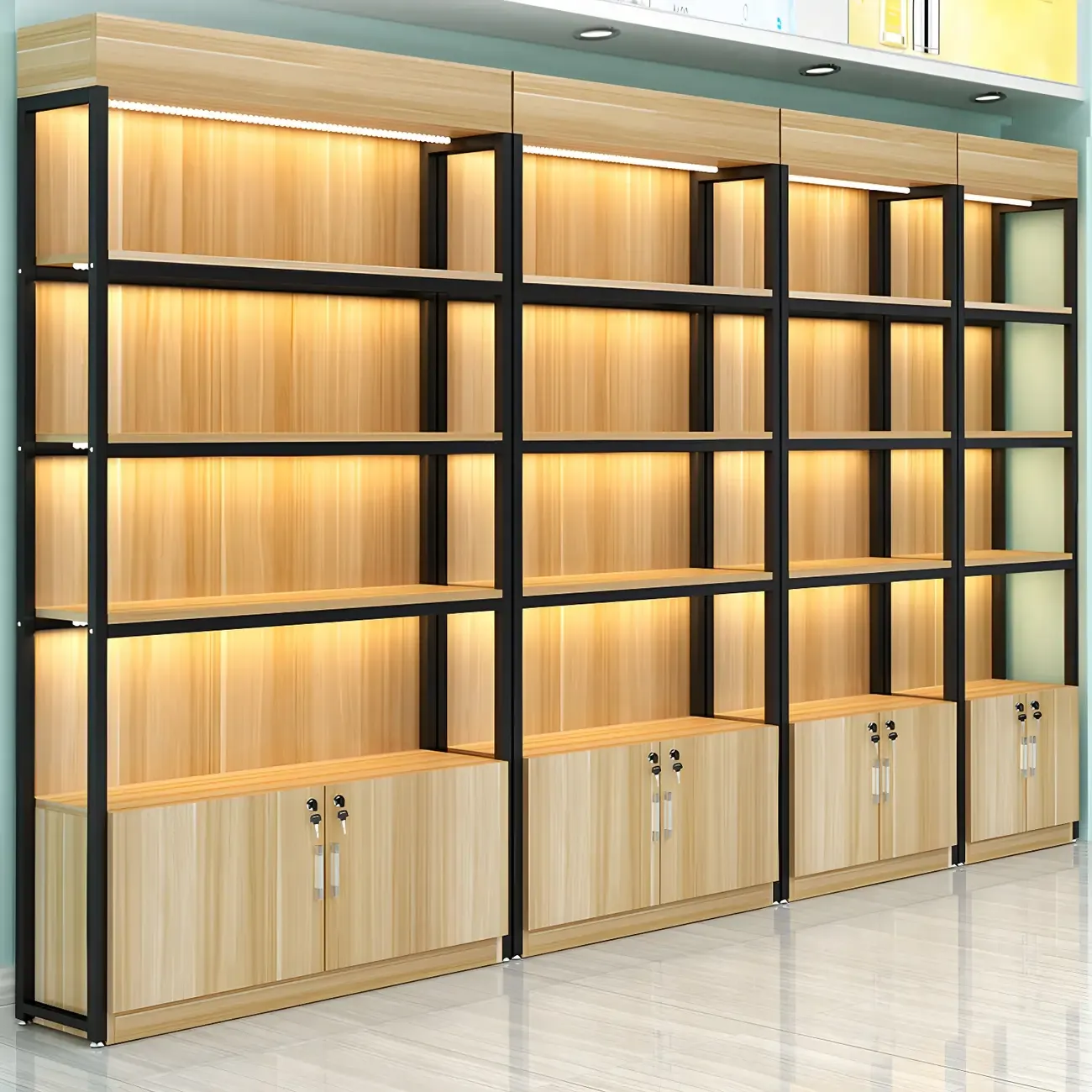 Modern Wood Open Multi-Shelf Large Display Cabinet