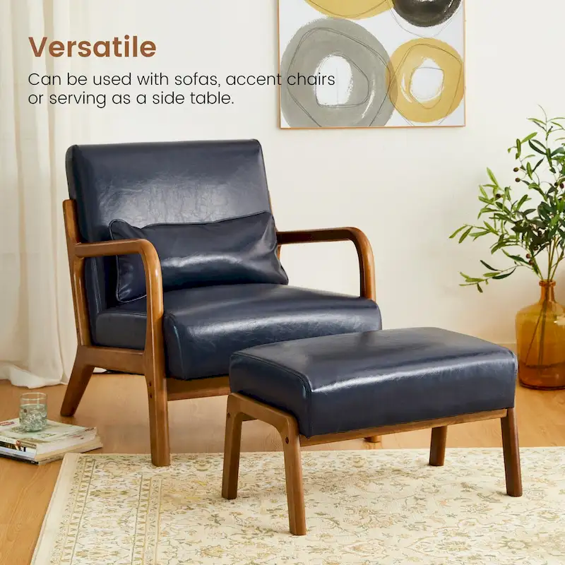 Brown Mid-Century Faux Leather Ottoman Accent Stool, Set of 2