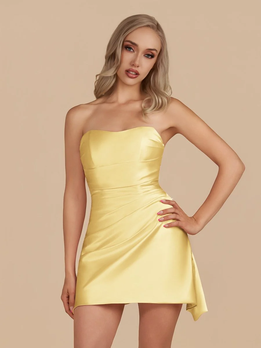 Yellow - Strapless Sheath Irregular Hem Satin Short Homecoming Dress