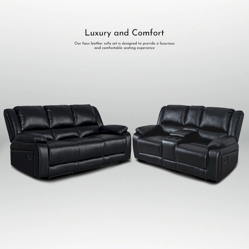 2-Piece Classic Faux Leather Manual Reclining Living Room Sofa Set with Console and Cup Holders