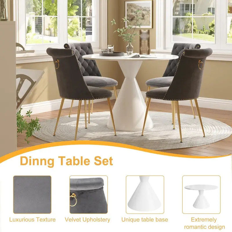 48  Light Luxury White High Gloss Large Countertop Dining Table with Velvet Dining Chair Set